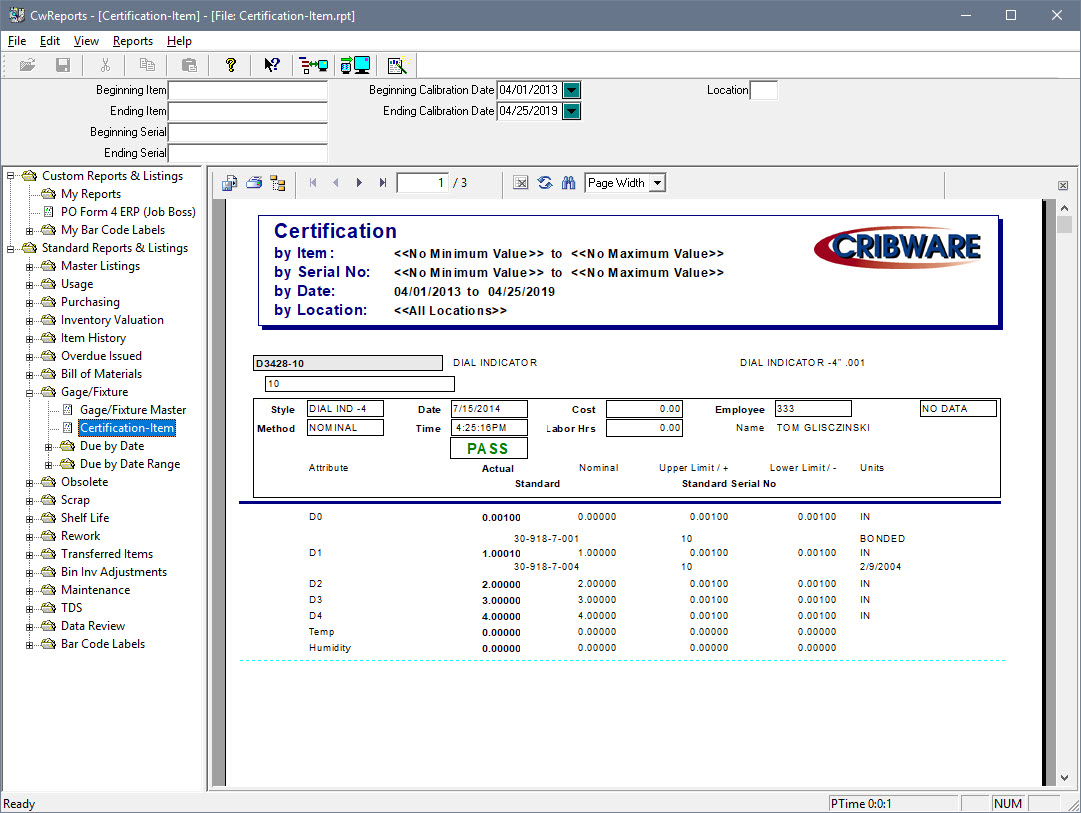 Gage Certificate report screen