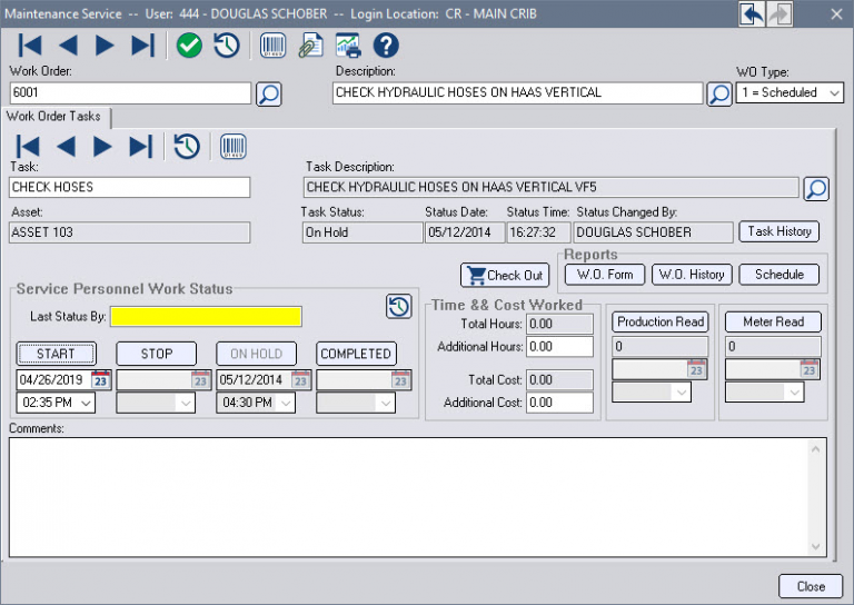 Maintenance Service screen